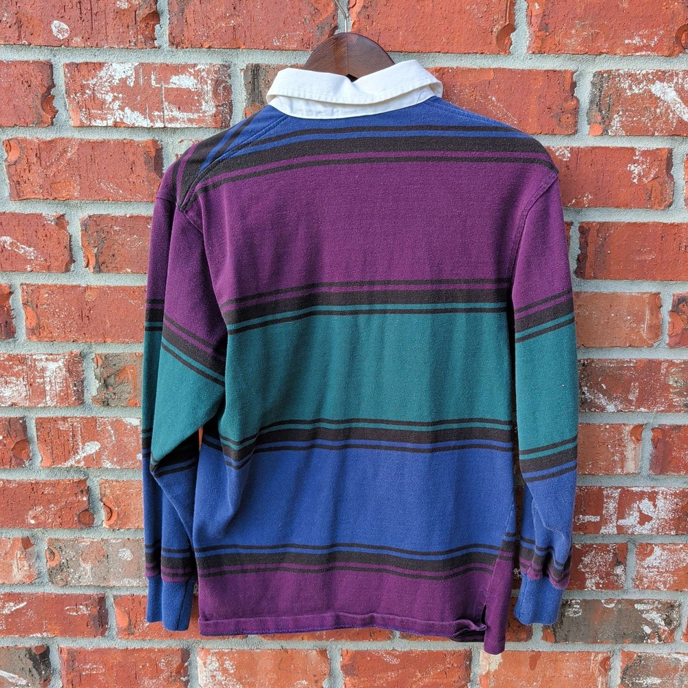 Penguin Sport Rugby Shirt Mens Medium Purple Teal Blue Striped Made in USA - Picture 2 of 4